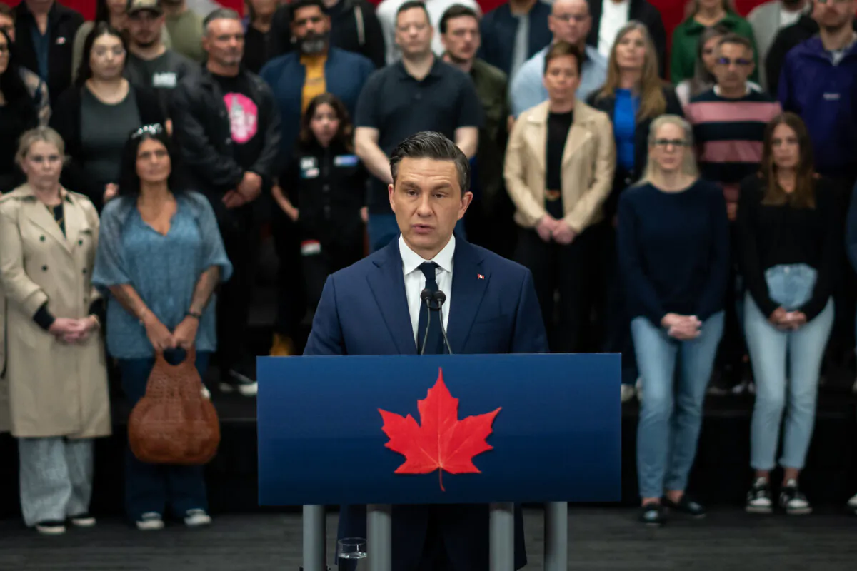 Conservative Leader Pierre Poilievre speaks during a news conference in New Westminster, B.C., on April 6, 2025. (The Canadian Press/Ethan Cairns)
