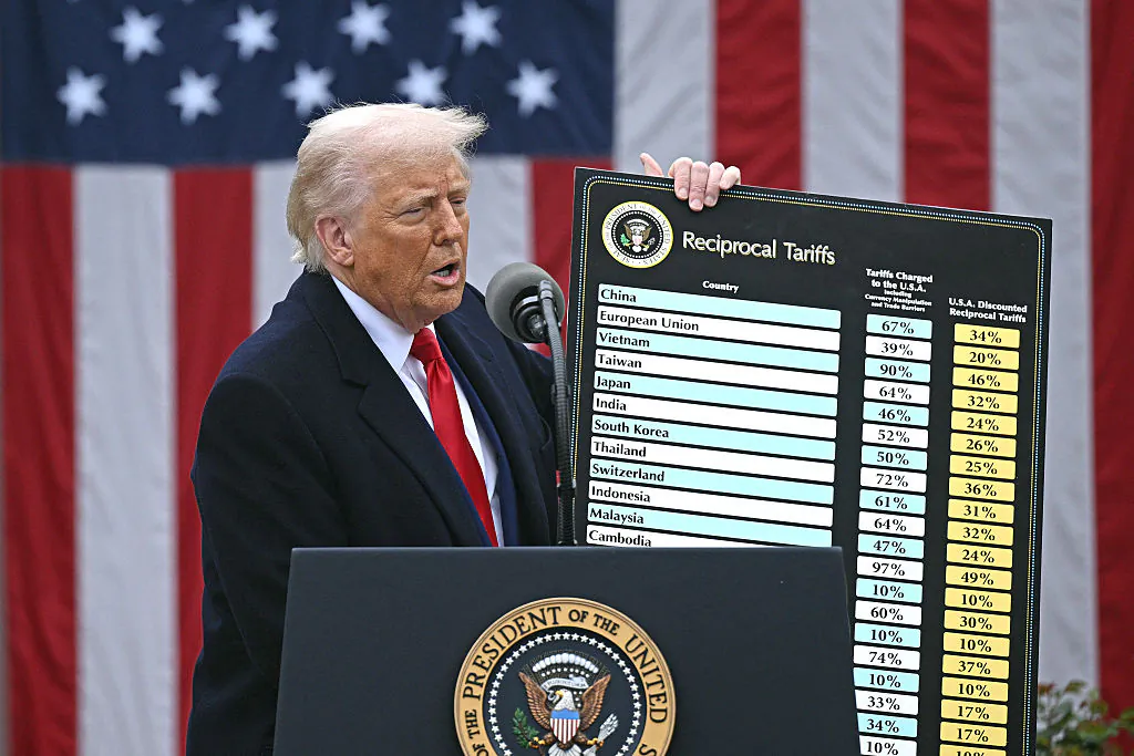 President Donald Trump holds a chart as he delivers remarks on reciprocal tariffs during an event titled "Make America Wealthy Again" at the White House on April 2, 2025. (Brendan Smialowski/AFP via Getty Images)