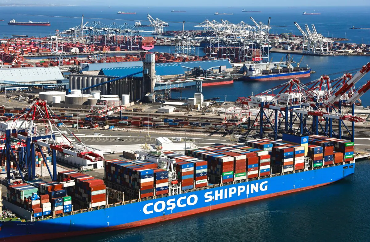 An aerial view of a Cosco Shipping container ship, China's largest shipping line, loaded with shipping containers in the Port of Long Beach in Long Beach, Calif., on April 3, 2025. (Mario Tama/Getty Images)