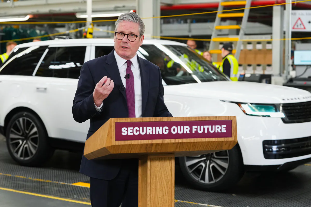 Prime Minister Sir Keir Starmer speaking during a visit to Jaguar Land Rover in Birmingham, England, on April 7, 2025. (Kirsty Wigglesworth/PA Wire)