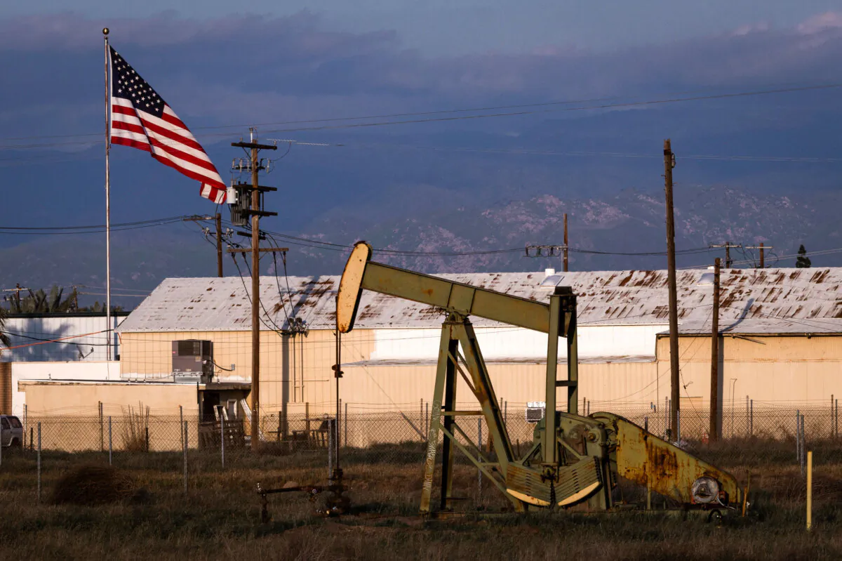 Oil extraction platforms pump oil in Bakersfield, Calif., on March 20, 2025. (John Fredricks/the Epoch Times)
