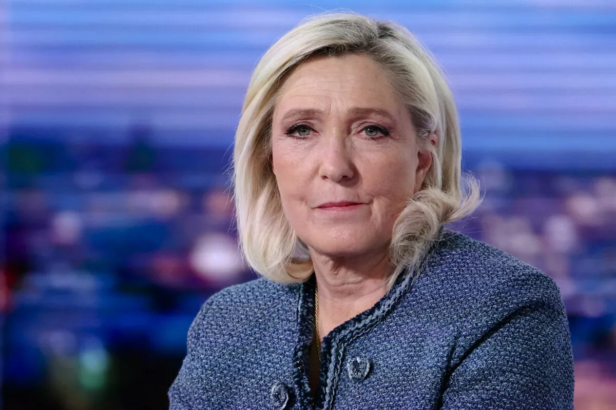 President of the Rassemblement National (RN) parliamentary group Marine Le Pen poses prior to an interview on the evening news broadcast of French TV channel TF1, in Boulogne-Billancourt, outside Paris, on March 31, 2025. (Thomas Samson/Pool/AFP via Getty Images)