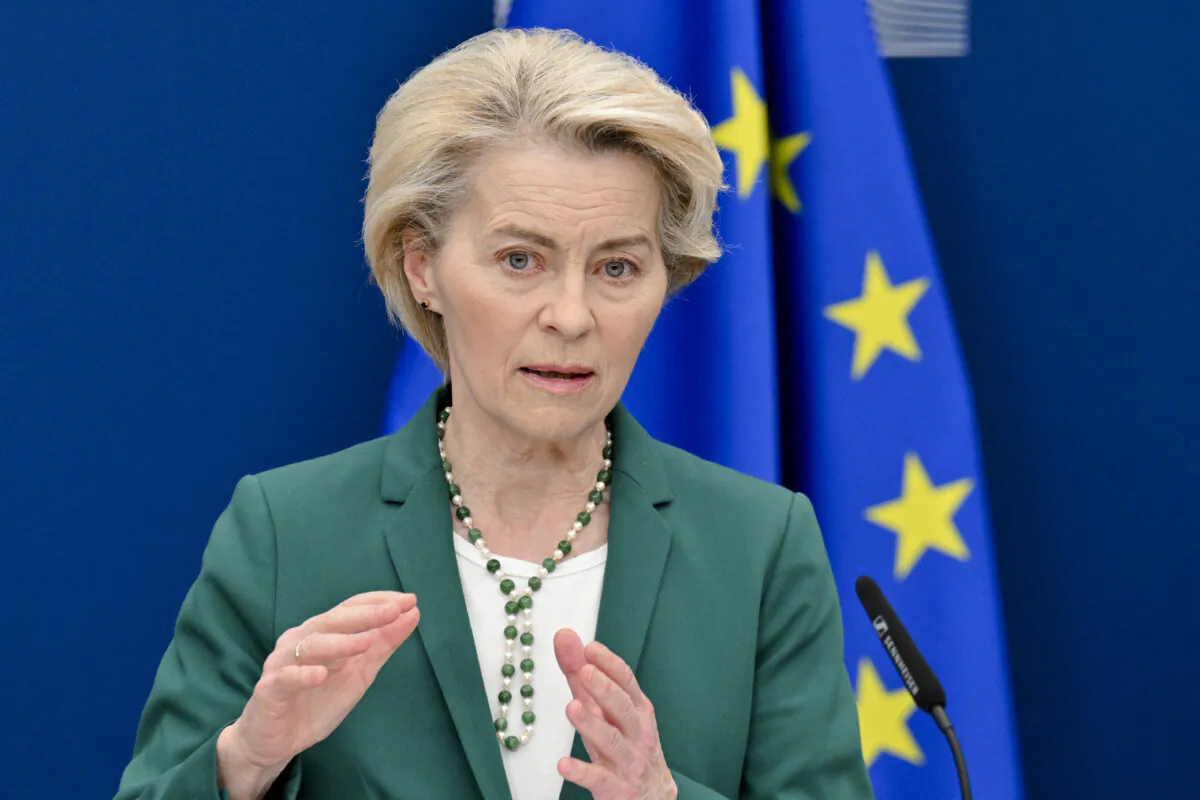 European Commission President Ursula von der Leyen speaks during a press conference at the EU Commission headquarters in Brussels on April 7, 2025. (Nicolas Tucat/ AFP) (Photo by NICOLAS TUCAT/AFP via Getty Images)