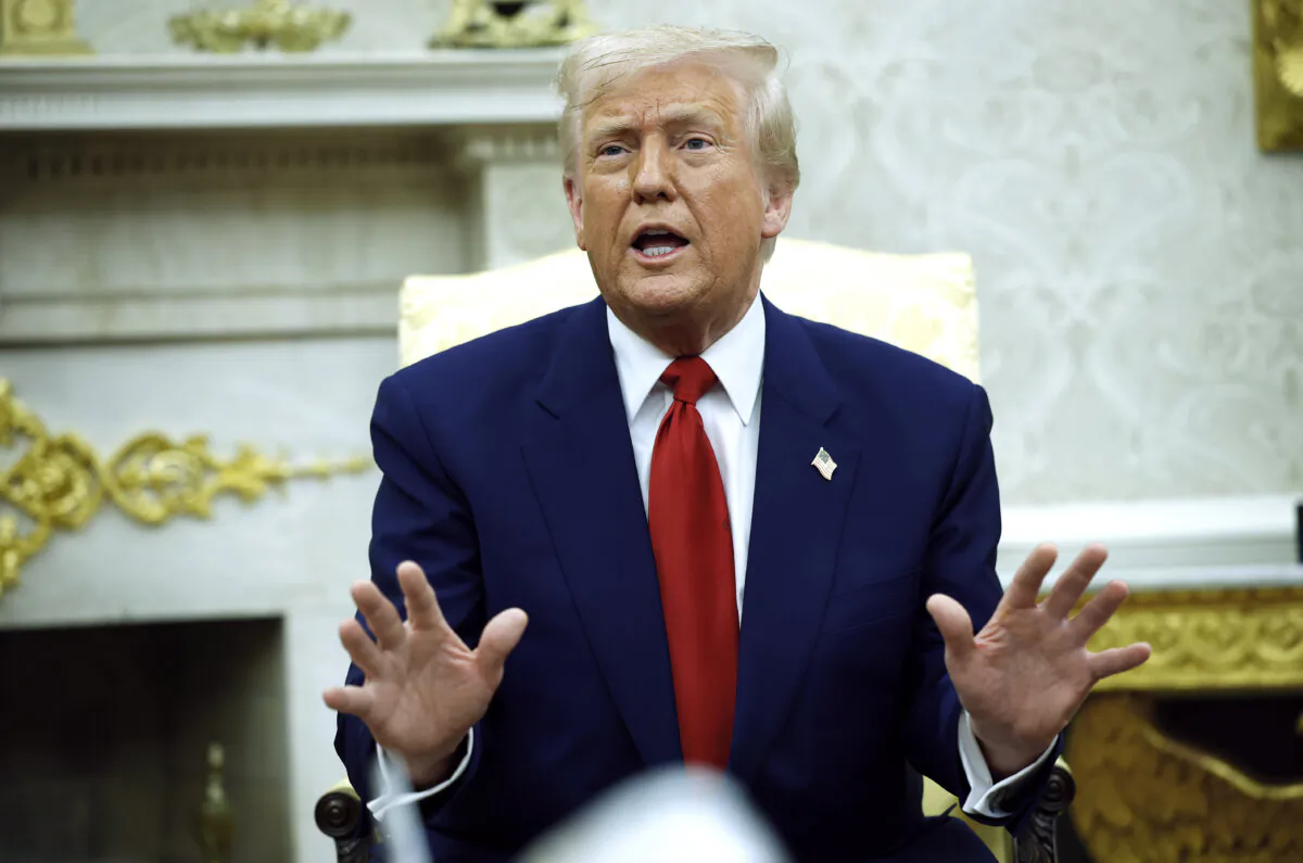 President Donald Trump answers a reporters question during a meeting with Israeli Prime Minister Benjamin in the Oval Office of the White House on April 7, 2025. (Kevin Dietsch/Getty Images)