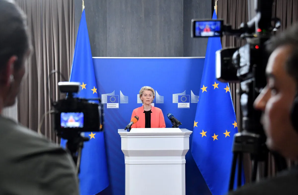 European Commission president Ursula von der Leyen holds a press conference in Samarkand, Uzbekistan, on April 3, 2025. (Vyacheslav Oseledko/AFP via Getty Images)