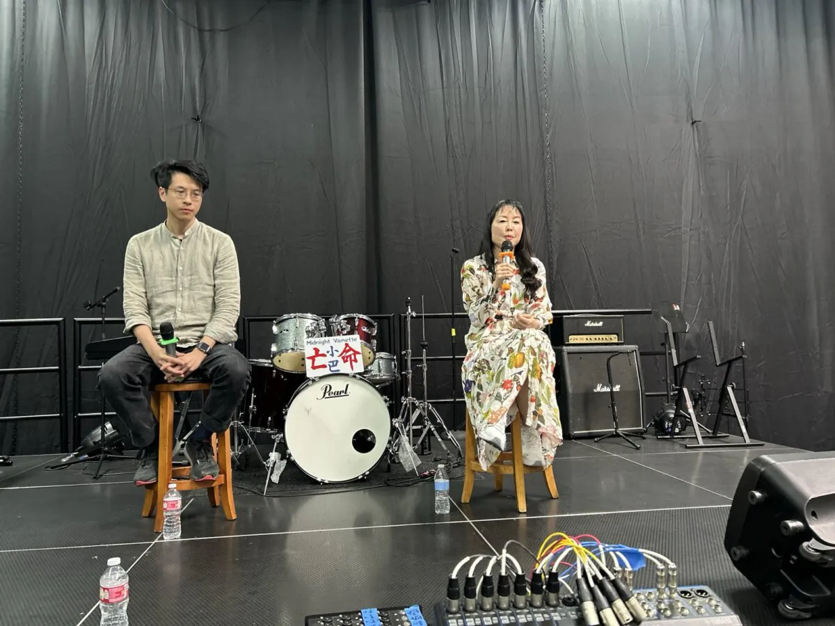 Ray Wong (L) and Aileen Calverley (R) speak at the HongKonger Community Center in Fremont, Calif., on April 5, 2025. (Nathan Su/The Epoch Times)