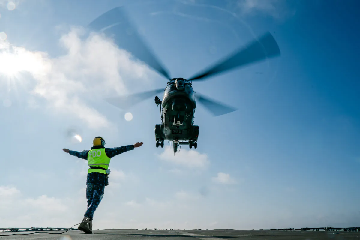Members of the Romanian armed forces take part in the Sea Shield 25 multinational military exercise aboard the frigate Regina Maria in the Black Sea, off the coast of Constanta, Romania, on April 8, 2025. (Andrei Pungovschi/Getty Images)