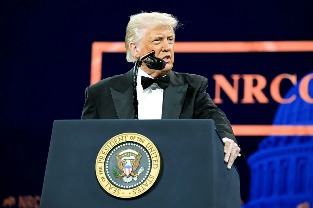 President Donald Trump speaks at the National Republican Congressional Committee's President's Dinner at the National Building Museum in Washington on April 8, 2025. (Saul Loeb/AFP via Getty Images)