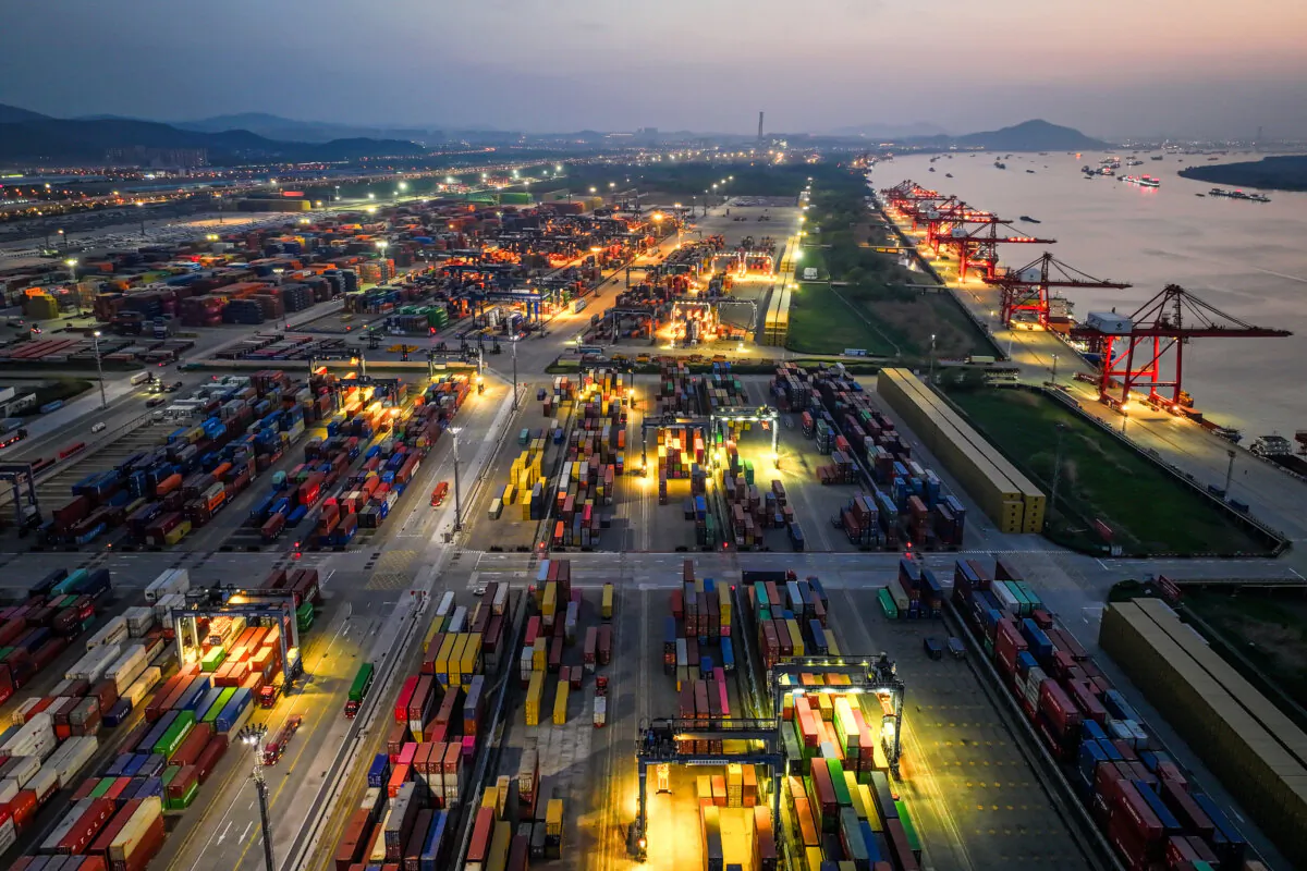 Shipping containers are seen at a port in Nanjing, in eastern China's Jiangsu province, on April 8, 2025. (STRINGER/AFP via Getty Images)