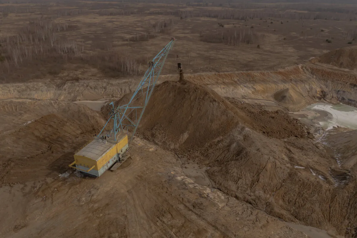 An aerial view shows a dragline excavator operating in an open-pit titanium mine in the Zhytomyr region, Ukraine, on Feb. 28, 2025. (Roman Pilipey/AFP via Getty Images)