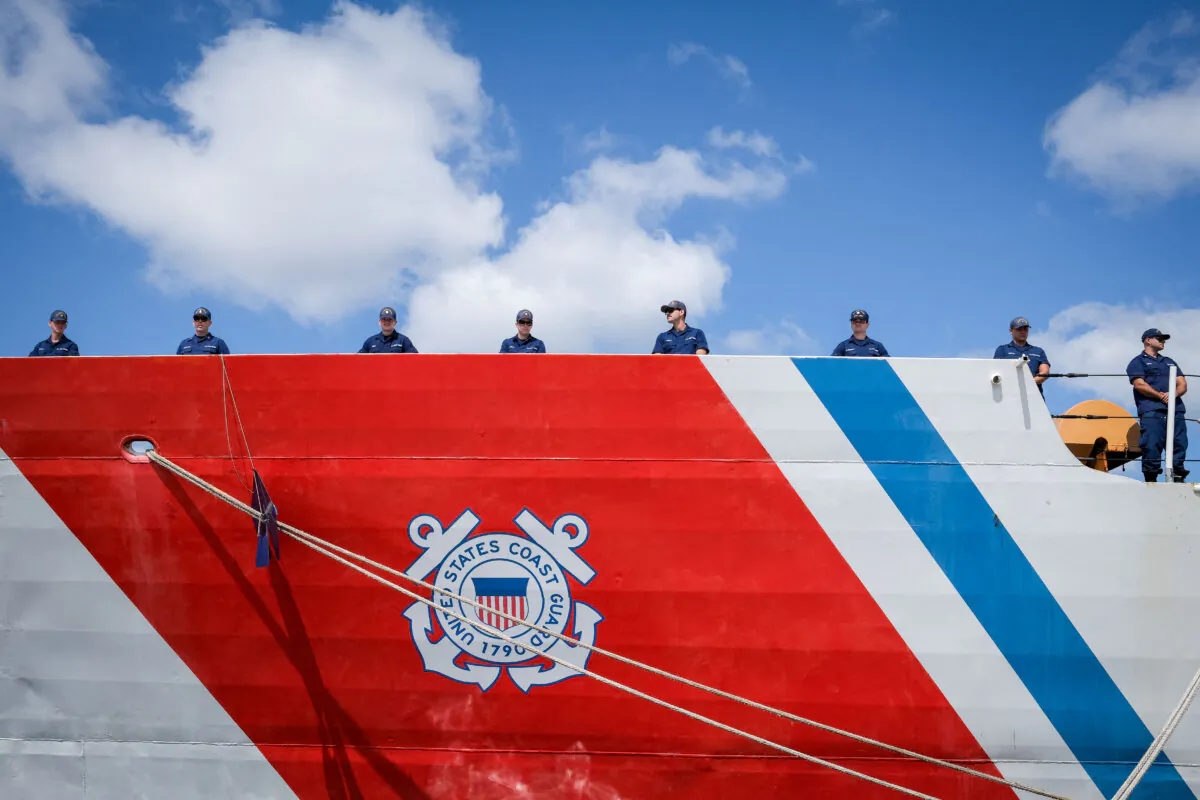 Members of the U.S. Coast Guard stand aboard USCG Cutter James ahead of a press conference on illicit narcotics, at Port Everglades in Fort Lauderdale, Fla., on April 9, 2025. (Marco Bello/AFP via Getty Images)