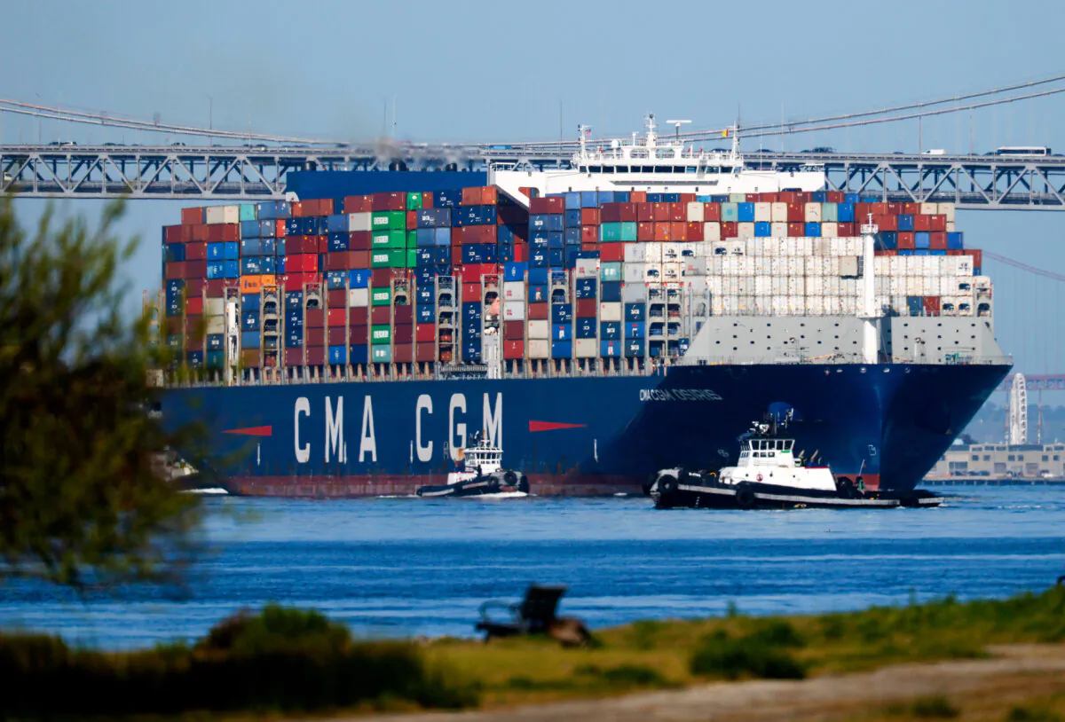 The container ship CMA CGM Osiris arrives at the Port of Oakland, Calif., on April 9, 2025. (Justin Sullivan/Getty Images)