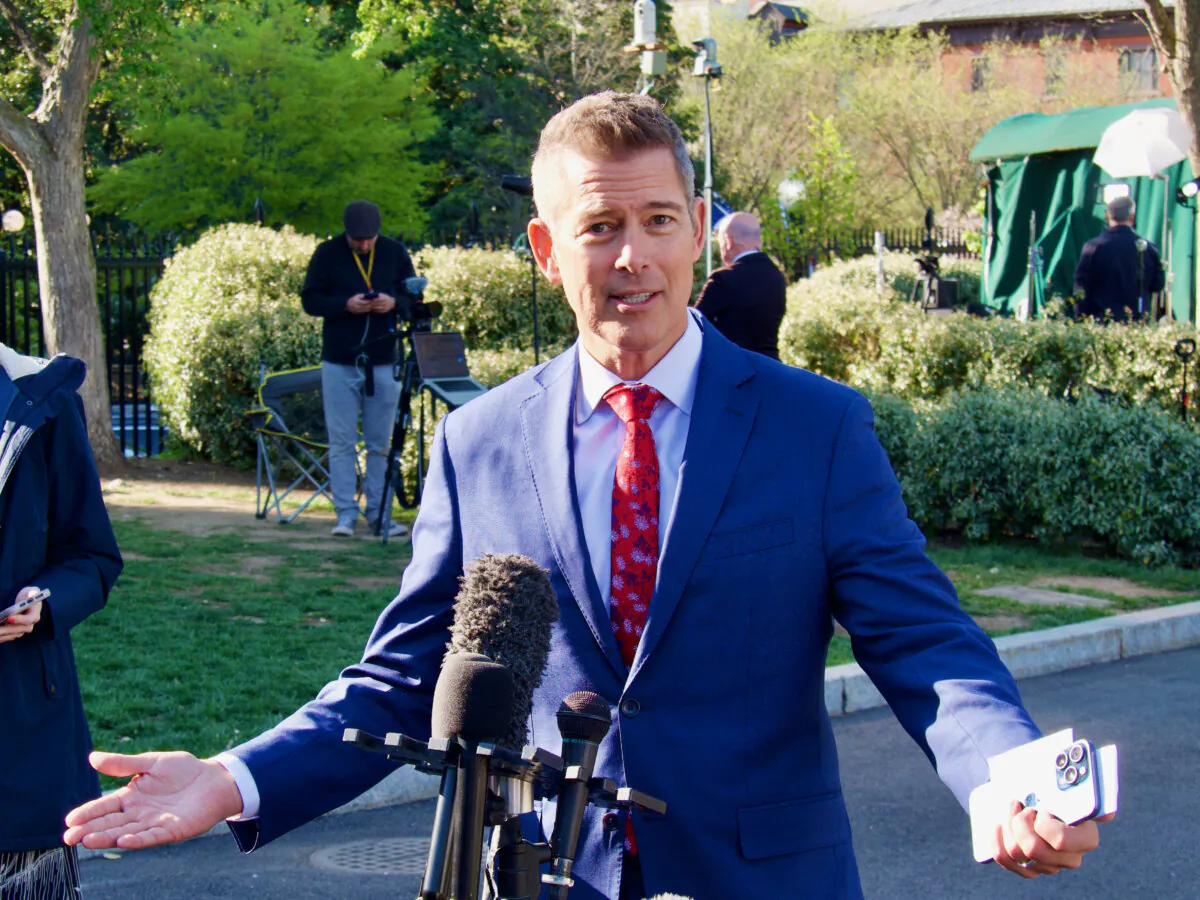 Transportation secretary Sean Duffy speaks to reporters at the White House in Washington on April 9, 2025. (Travis Gillmore/The Epoch Times)