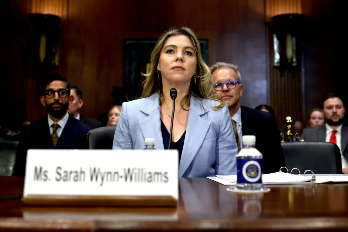 Sarah Wynn-Williams, former director of Global Public Policy at Facebook, prepares to testify during a Senate Judiciary Committee hearing in the Dirksen Senate Office Building on Capitol Hill in Washington on April 9, 2025. (Win McNamee/Getty Images)