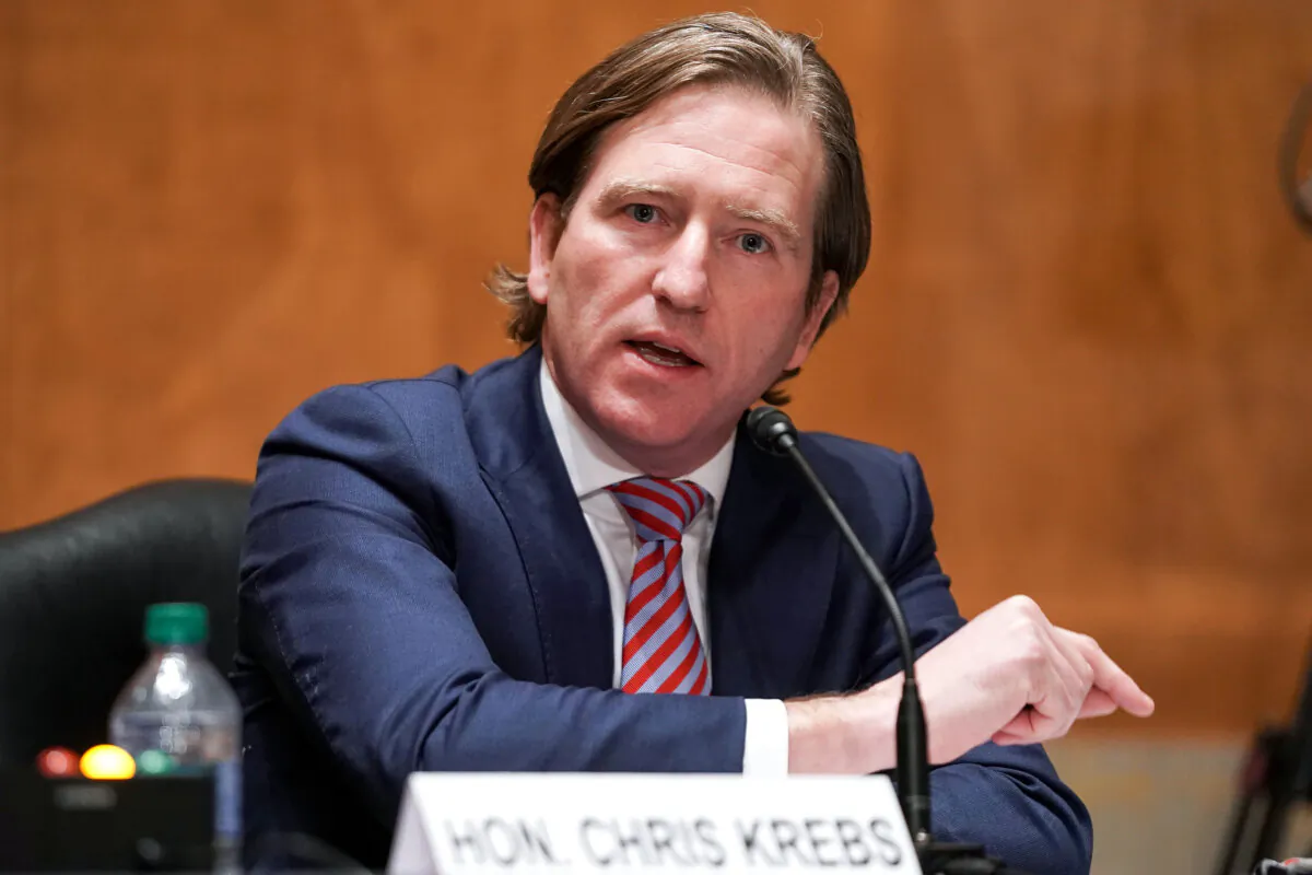 Chris Krebs, former director of the Cybersecurity and Infrastructure Security Agency, testifies during a Senate Homeland Security and Governmental Affairs Committee hearing to discuss election security and the 2020 election process, in Washington, on Dec. 16, 2020. (Greg Nash-Pool/Getty Images)