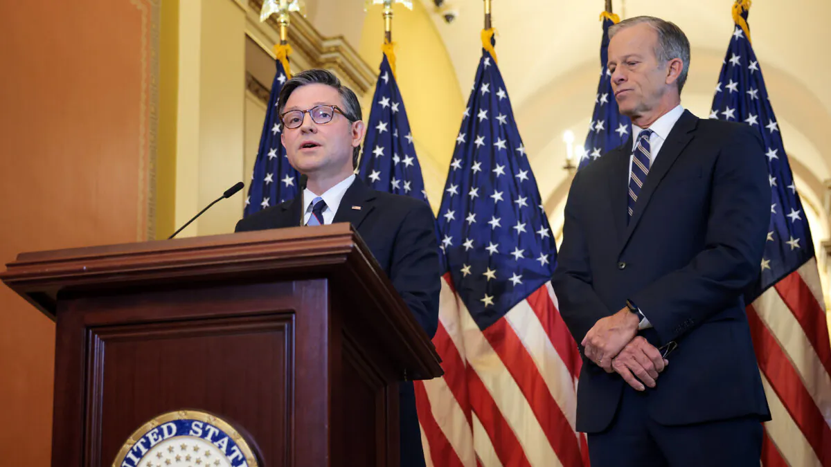 U.S. Speaker of the House Mike Johnson (R-La.) (L) and Senate Majority Leader John Thune (R-S.D.) speak at a press conference on the Republican budget bill at the U.S. Capitol in Washington on April 10, 2025. (Kayla Bartkowski/Getty Images)