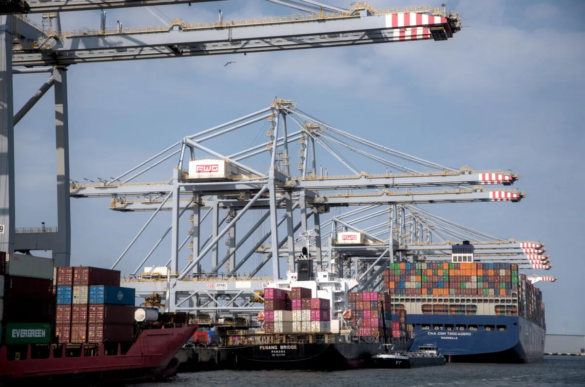 Container ships in the Port of Rotterdam, Netherlands, on July 31, 2024. (Mihut Savu/The Epoch Times)