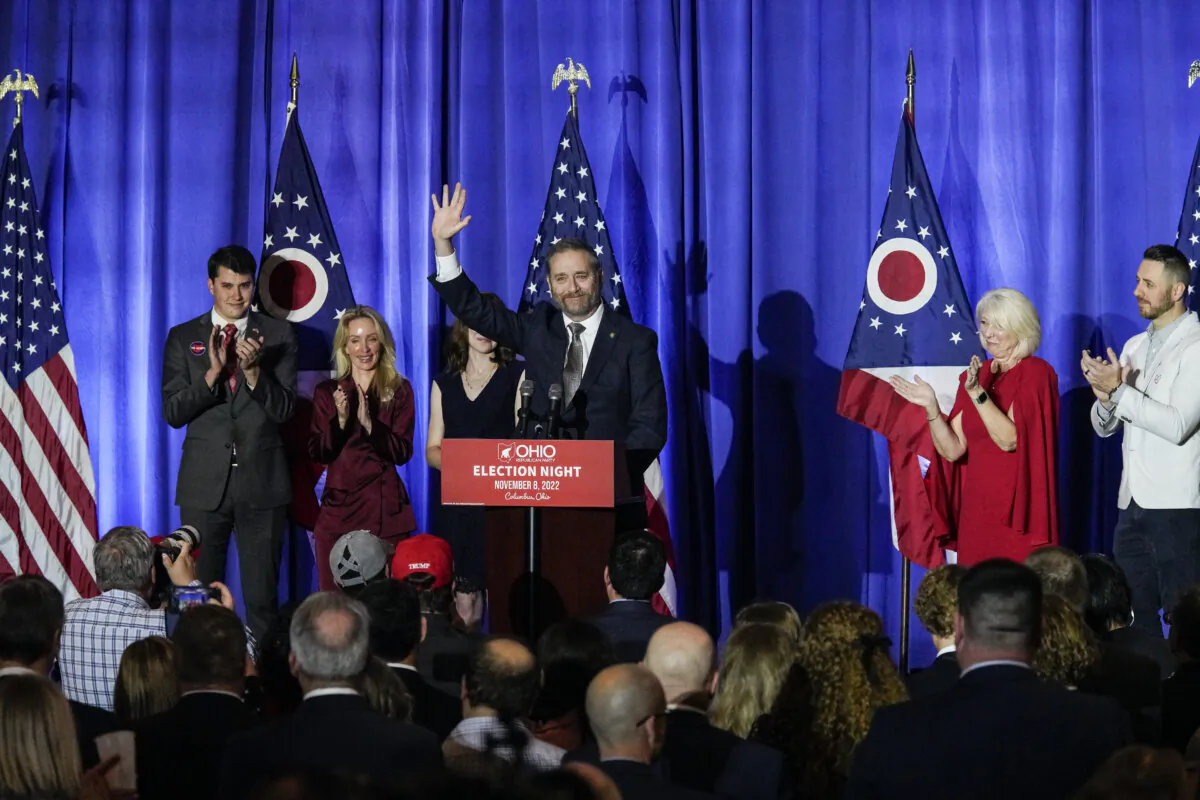 Republican Attorney General Dave Yost speaks to supporters at an election watch party at the Renaissance Hotel in Columbus, Ohio, on Nov. 8, 2022. (Andrew Spear/Getty Images)