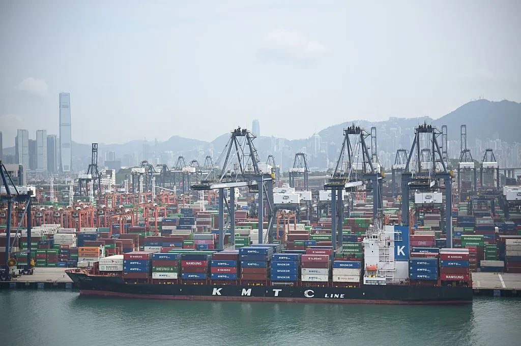A container ship is docked at Kwai Chung Container terminal in Hong Kong on April 10, 2025. (Peter Parks/AFP via Getty Images)