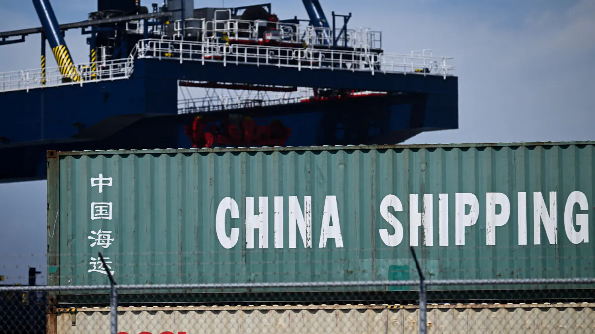 A China Shipping cargo container sits stacked at the Port of Long Beach in Long Beach, Calif., on April 10, 2025. (Patrick Fallon/AFP via Getty Images)