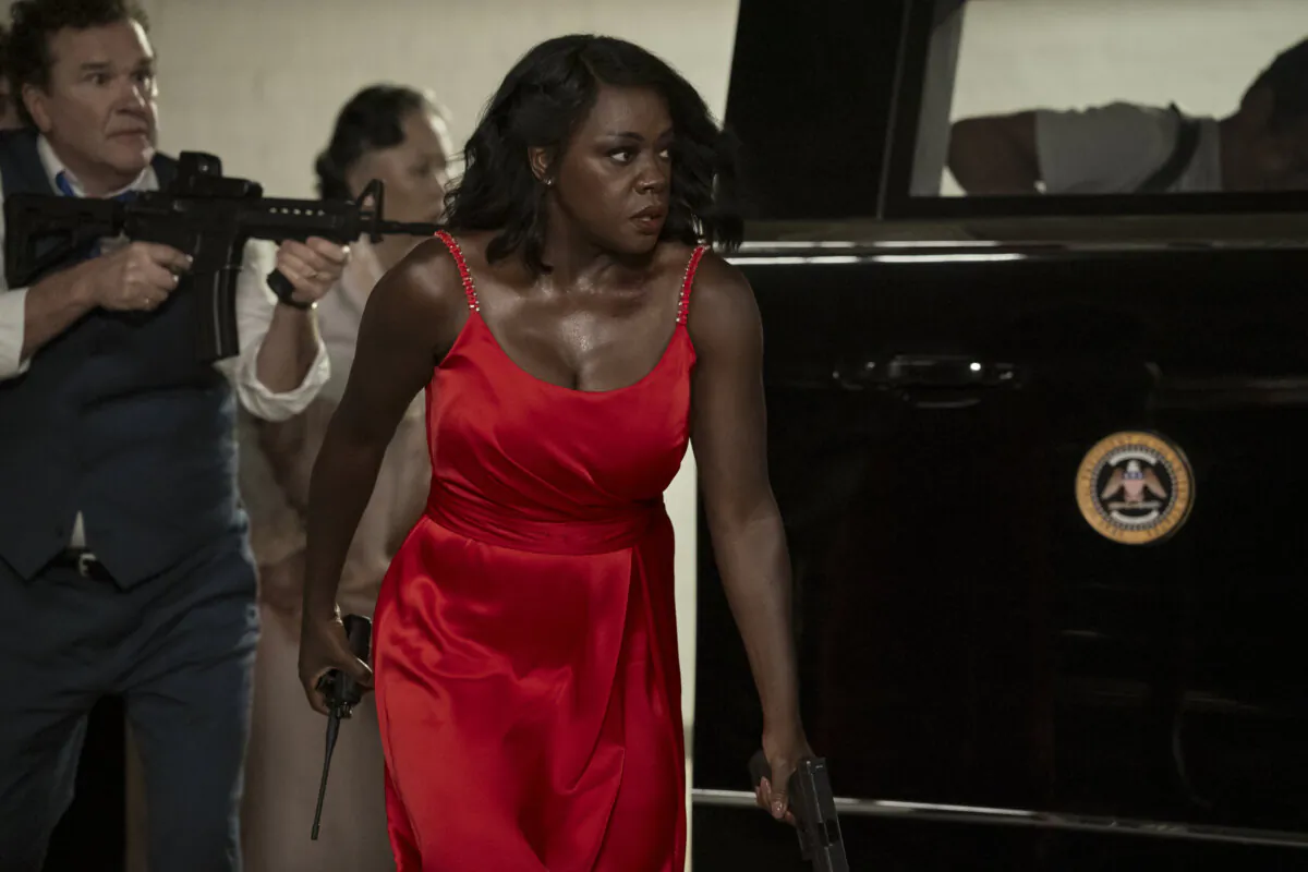 (L–R) British Prime Minister Oliver Everett (Douglas Hodge), Han Min-Seo, South Korean First Lady (MeeWha Alana Lee) and President Danielle Sutton (Viola Davis), in “G20.” (Ilze Kitshoff/Amazon MGM Studios)