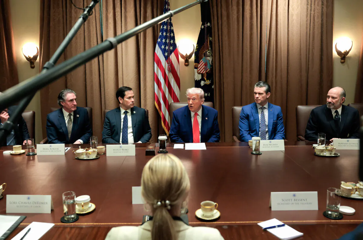 President Donald Trump delivers remarks during a Cabinet meeting at the White House in Washington, DC, on April 10, 2025. (Anna Moneymaker/Getty Images)