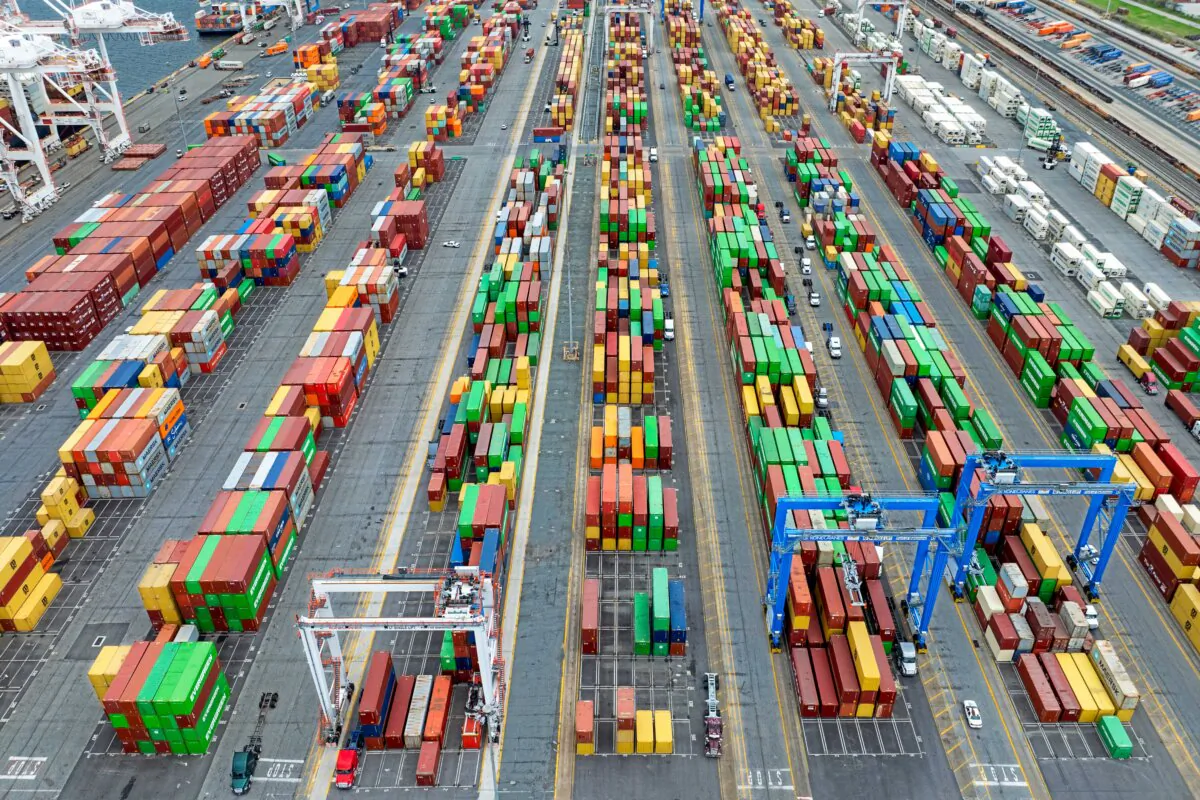 This aerial view shows shipping containers stacked at the Port of Baltimore in Baltimore, Md., on April 10, 2025.  (Jim Watson/AFP via Getty Images)          