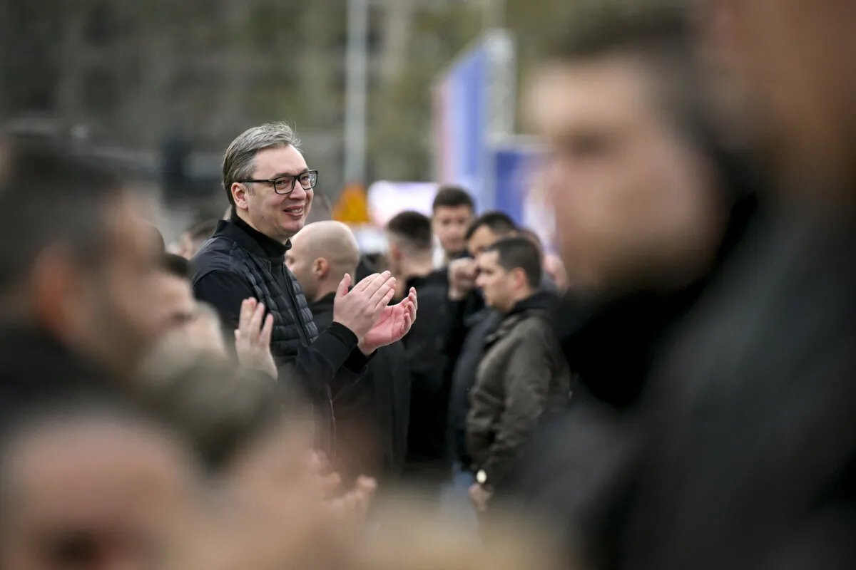 Serbian President Aleksandar Vucic attends a pro-government rally in Serbia on April 11, 2025. (Oliver Bunic/AFP via Getty Images)