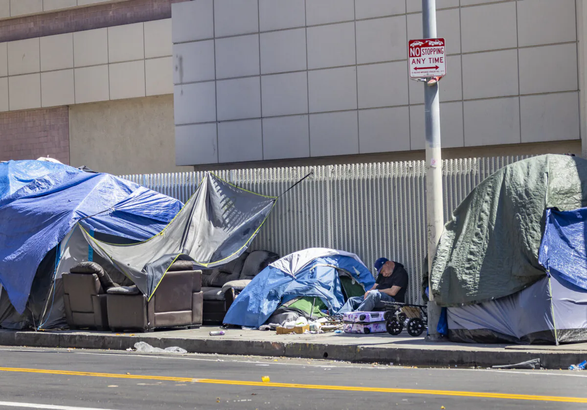 A homeless encampment in the Skid Row area of Los Angeles on April 11, 2025. (John Fredricks/The Epoch Times)