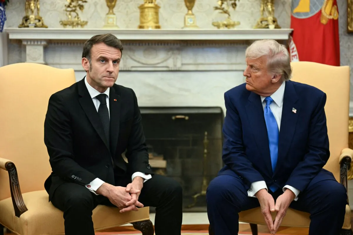 U.S. President Donald Trump meets with French President Emmanuel Macron in the Oval Office on Feb. 24, 2025. (Jim Watson/AFP via Getty Images)