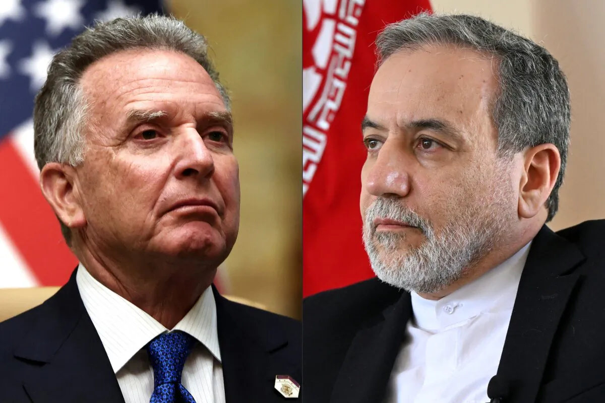 (Left) U.S. Middle East envoy Steve Witkoff after a meeting with Russian officials at Diriyah Palace, in Riyadh, Saudi Arabia, on Feb. 18, 2025. (Right) Iran's Foreign Minister Abbas Araghchi speaks at the Iranian consulate in Jeddah on March 7, 2025. (Evelyn Hockstein and Amer Hilabi/AFP via Getty Images)
