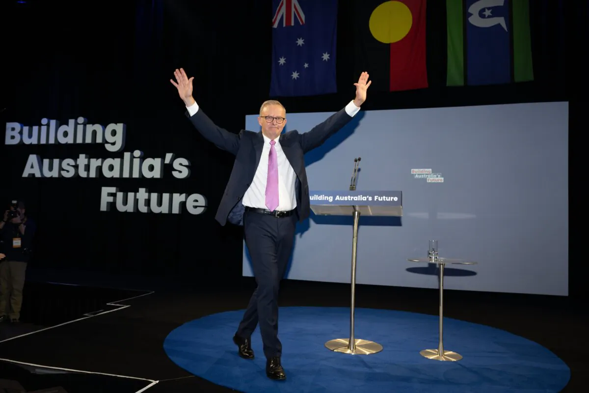 Australian Prime Minister Anthony Albanese acknowledges the audience after delivering a speech during the Labor party campaign launch on Day 15 of the 2025 federal election campaign, in Perth, Australia, on April 13, 2025. (AAP Image/Lukas Coch) 