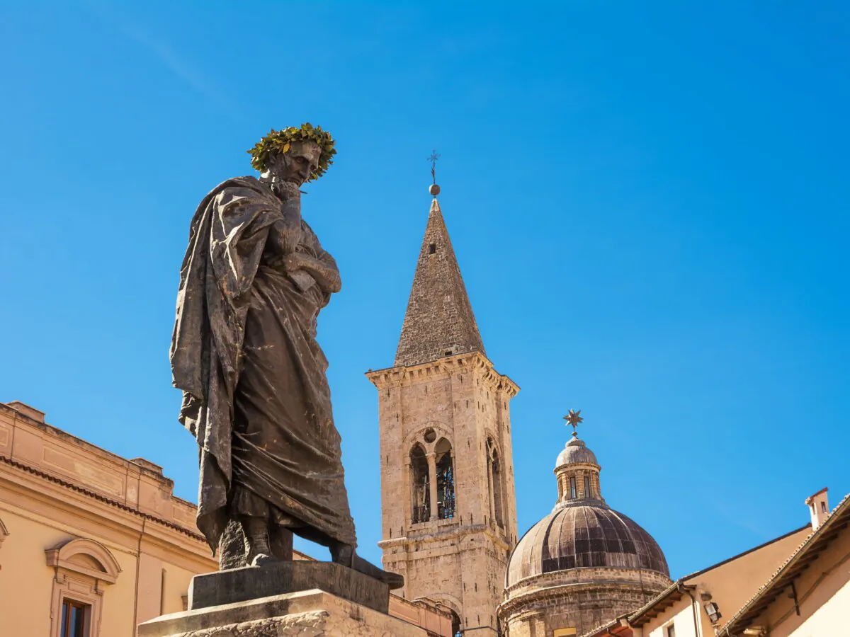 The statue of Ovid, crowned with a laurel wreath. The statue is a symbol of the city of Sulmona, Italy. (Angelo DAmico/Shutterstock)