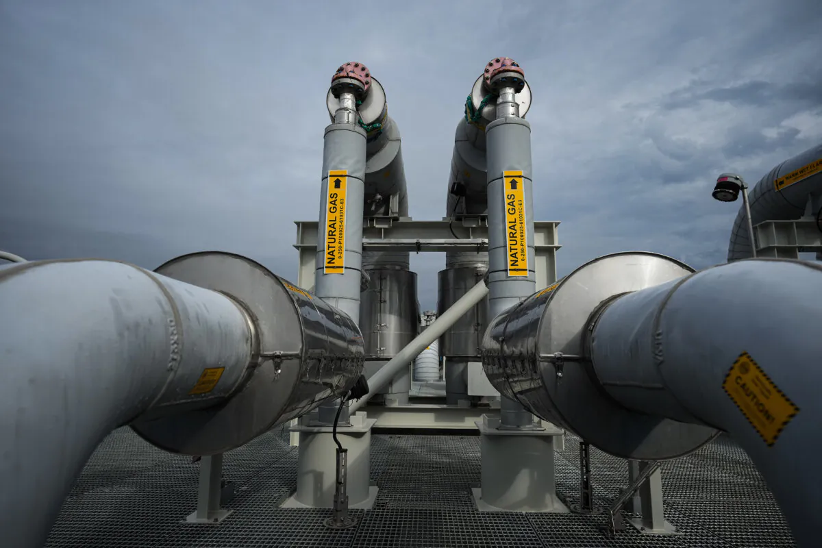 Piping is seen on the top of a receiving platform that will be connected to the Coastal GasLink natural gas pipeline terminus at the LNG Canada export terminal under construction, in Kitimat, B.C., on Sept. 28, 2022. (The Canadian Press/Darryl Dyck) 