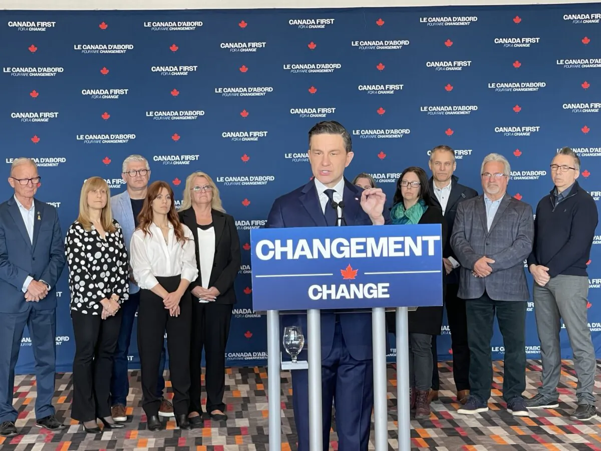 Conservative Leader Pierre Poilievre speaks during a campaign event in Montreal on April 14, 2025. (Noé Chartier/The Epoch Times)
