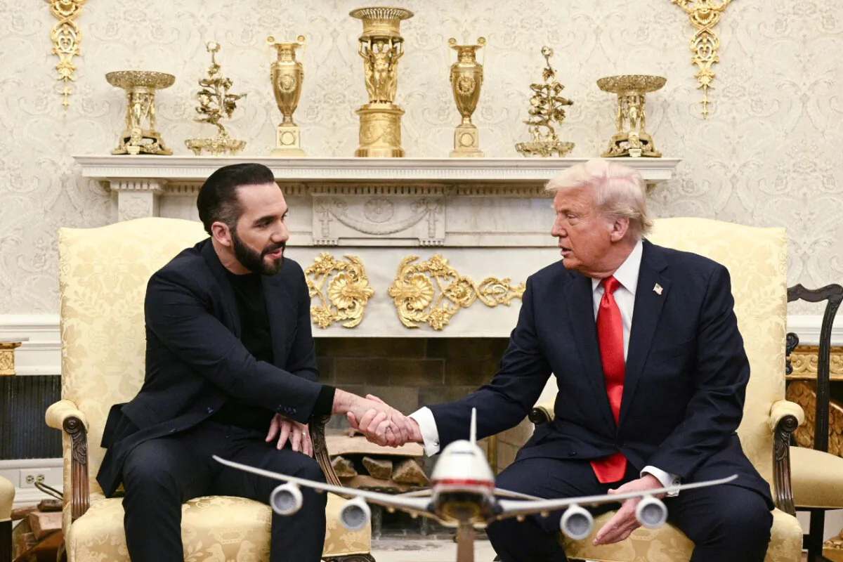President Donald Trump meets with El Salvador's President Nayib Bukele in the Oval Office of the White House on April 14, 2025. (Brendan Smialowski/AFP via Getty Images)