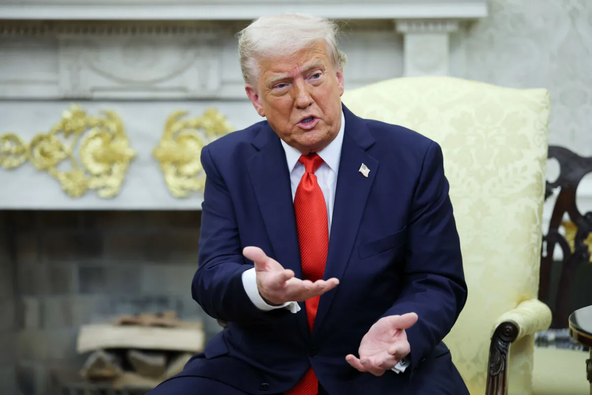 President Donald Trump speaks in the Oval Office of the White House, on April 14, 2025. (Win McNamee/Getty Images)