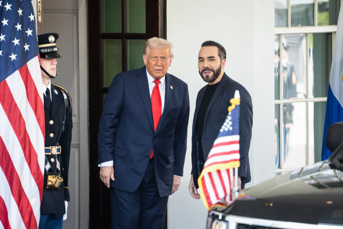 U.S. President Donald Trump greets El Salvador President Nayib Bukele at the White House in Washington on April 14, 2025. (Madalina Vasiliu/The Epoch Times)