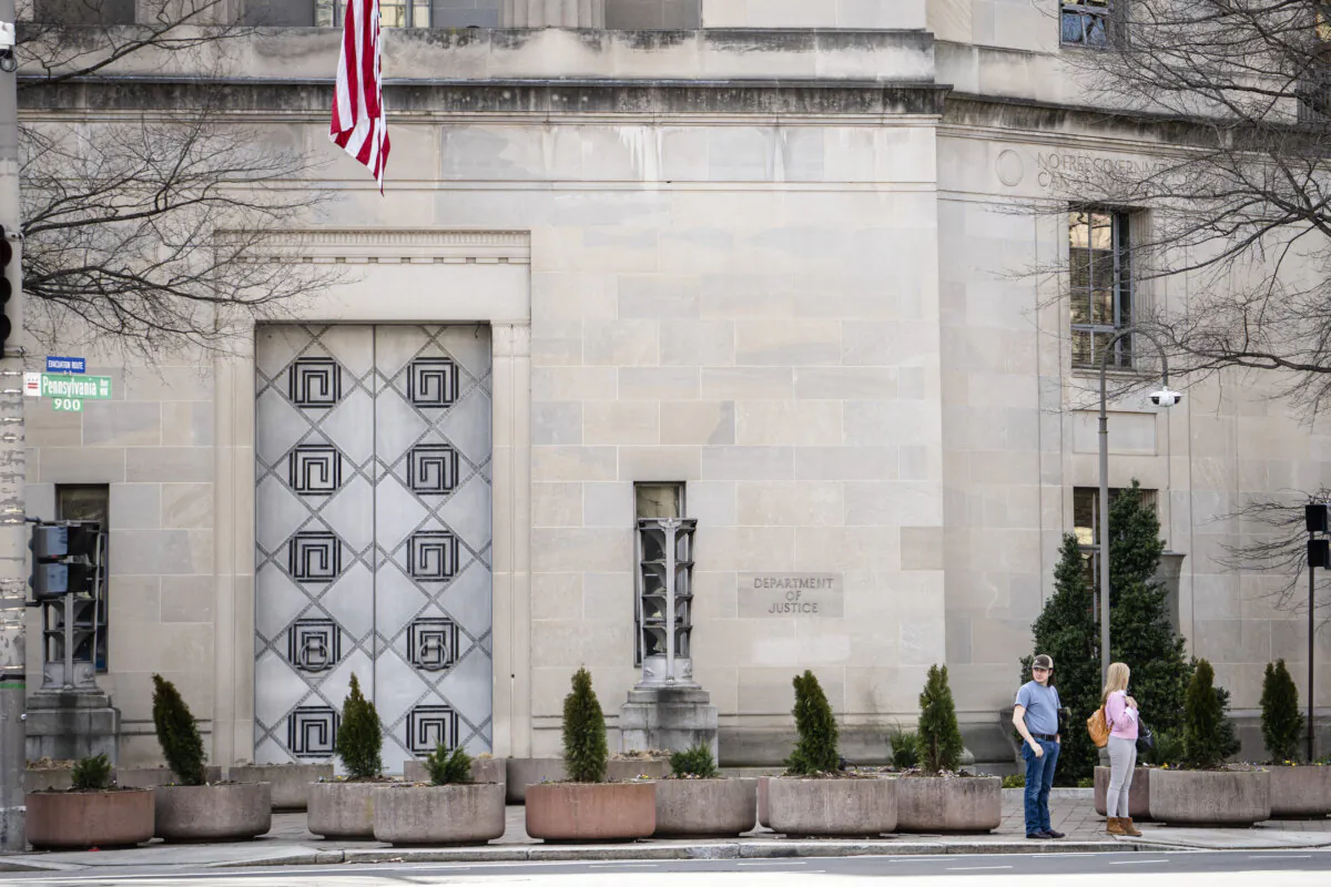 The Department of Justice (DOJ) in Washington on March 10, 2025. (Madalina Vasiliu/The Epoch Times)