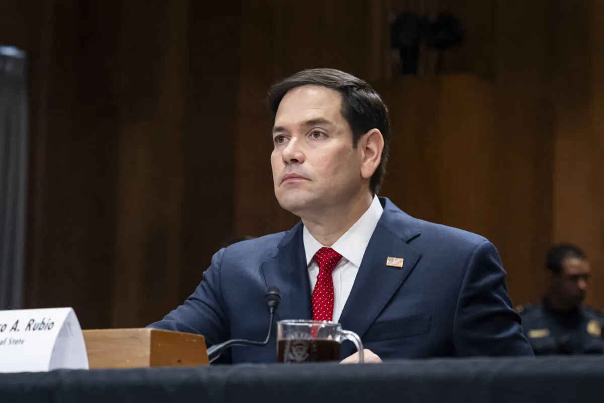 Marco Rubio, at the time the nominee for secretary of state, testifies before the Foreign Relations Committee on Capitol Hill in Washington on Jan. 15, 2025. (Madalina Vasiliu/The Epoch Times)