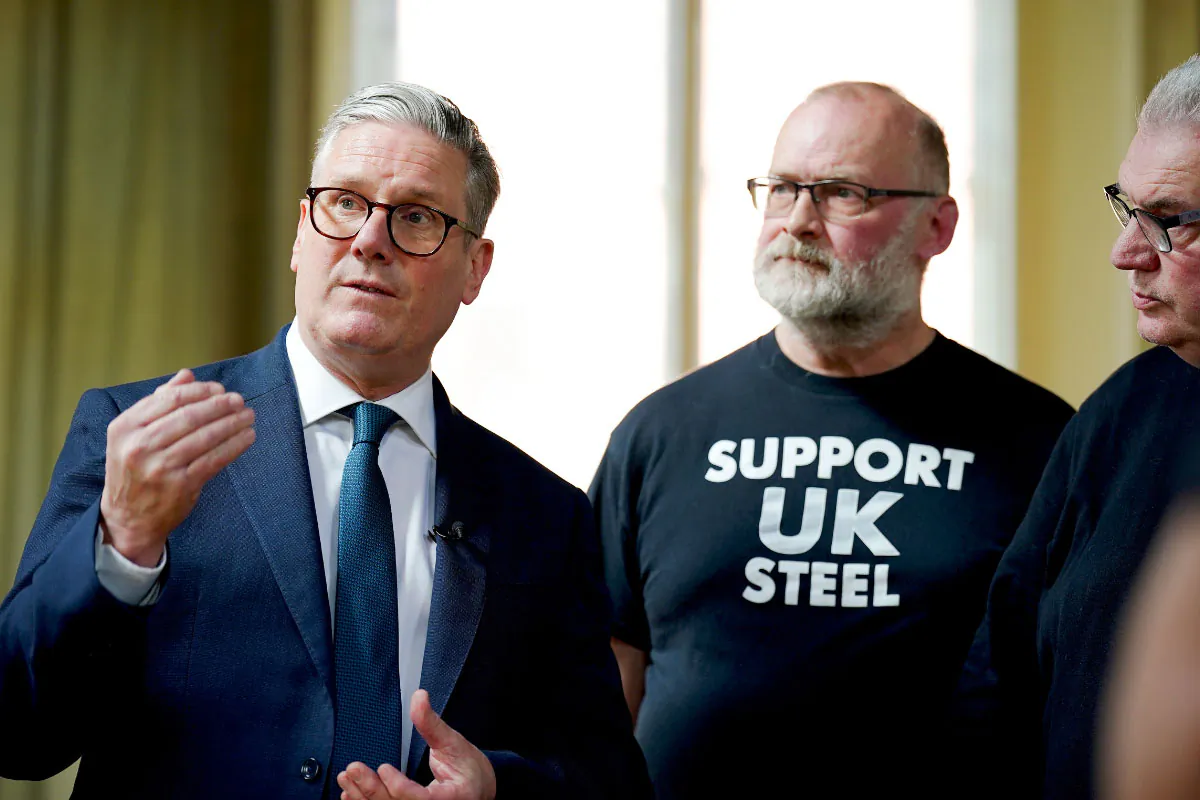 Prime Minister Sir Keir Starmer during a visit to meet British Steel workers in Appleby Village Hall near Scunthorpe, Lincolnshire, England, on April 12, 2025. (Peter Byrne/PA Wire)