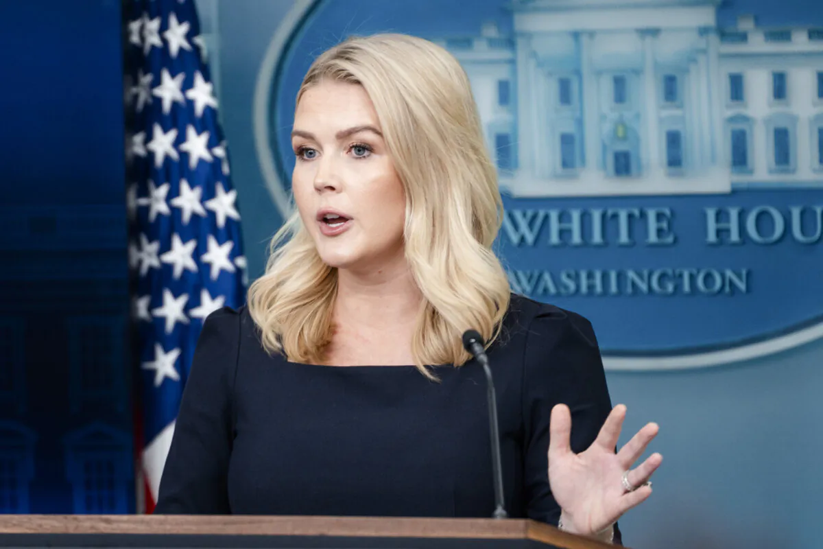 White House press secretary Karoline Leavitt speaks during a press conference at the White House in Washington on April 15, 2025. (Madalina Vasiliu/The Epoch Times)