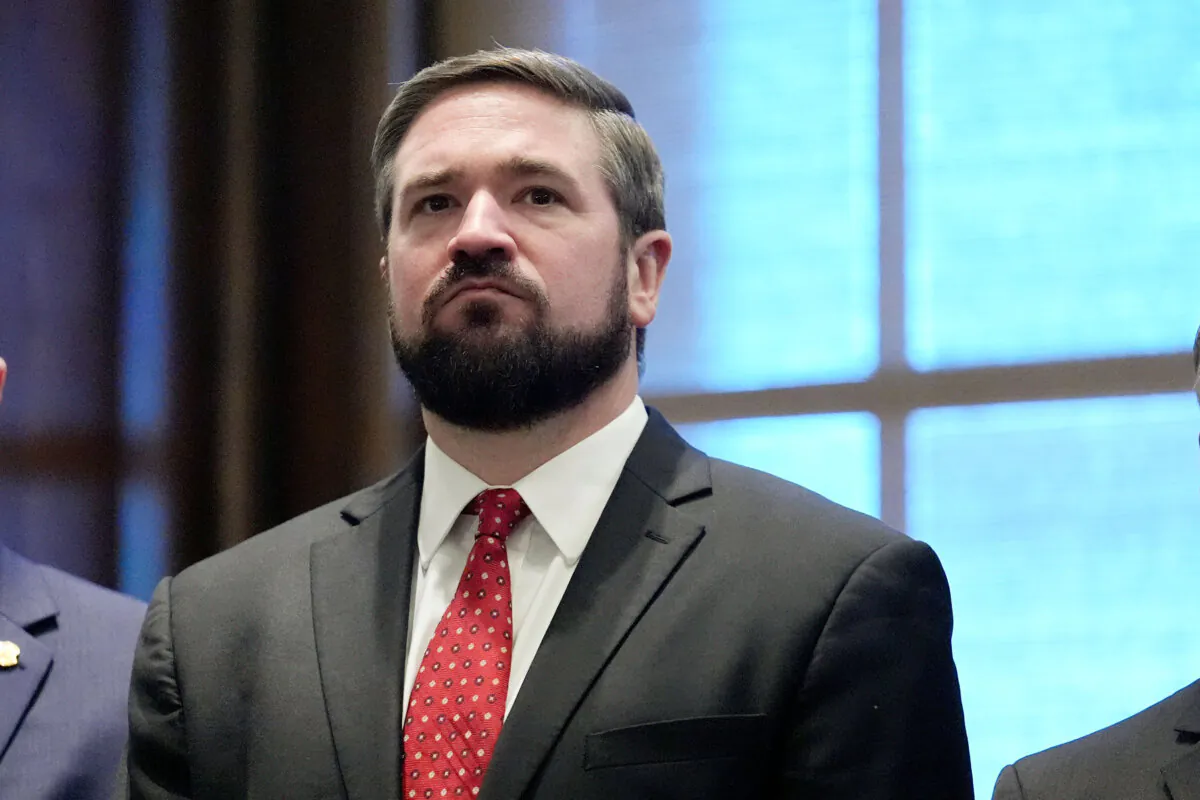 Missouri Attorney General Andrew Bailey stands in the governor's office after being sworn in, Jan. 13, 2025, in Jefferson City, Mo. (AP Photo/Jeff Roberson)