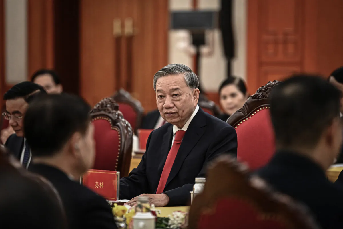 Communist Party of Vietnam General Secretary To Lam (C) attends a meeting with his Chinese counterpart Xi Jinping at the office of the Party Central Committee in Hanoi, Vietnam, on April 14, 2025. (Nhac Nguyen/POOL/AFP via Getty Images)