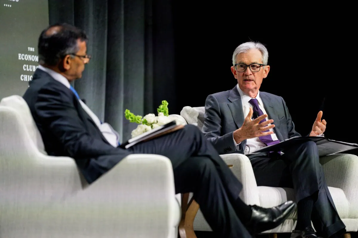 Federal Reserve Chairman Jerome Powell speaks with Raghuram Rajan, professor of finance at the University of Chicago's Booth School, during an Economic Club of Chicago event in Chicago on April 16, 2025. (Vincent Alban/Getty Images)