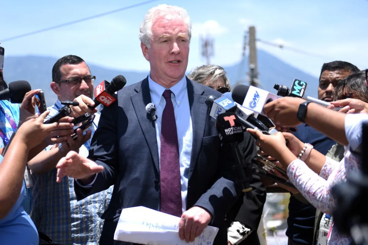Sen. Chris Van Hollen (D-Md.) speaks during a press conference at a city viewpoint in Antiguo Cuscatlán, El Salvador, on April 16, 2025. (Marvin Recinos/AFP via Getty Images)