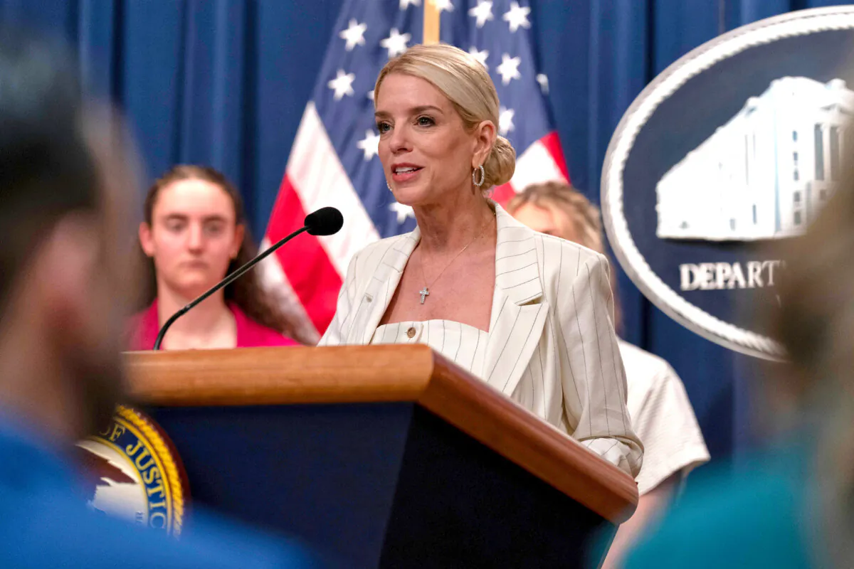 Attorney General Pam Bondi speaks during a news conference at the Department of Justice headquarters in Washington on April 16, 2025. (Jose Luis Magana/AP Photo)