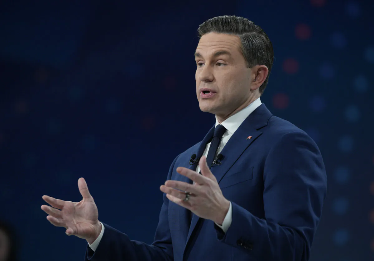 Conservative Leader Pierre Poilievre responds during the French-language federal leaders’ debate in Montreal on April 16, 2025. (The Canadian Press/Christopher Katsarov)
