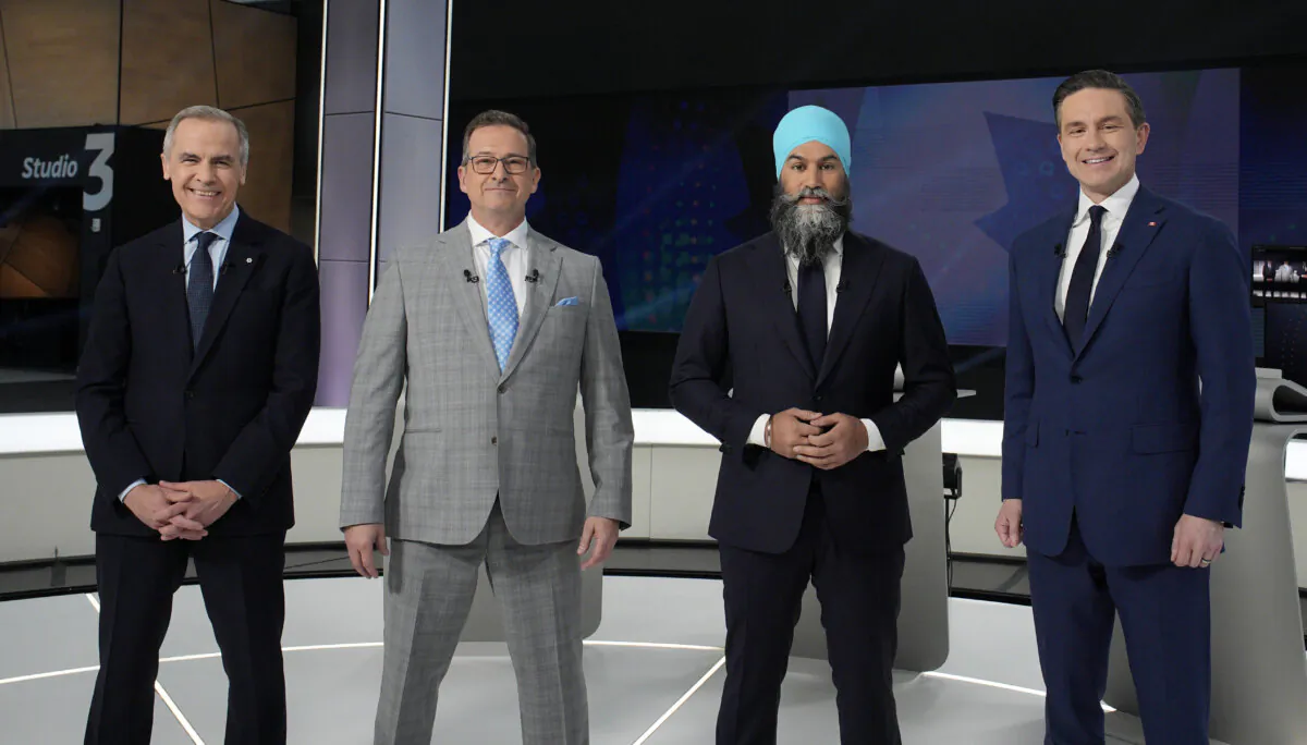 (L-R) Liberal Leader Mark Carney, Bloc Québécois Leader Yves-Francois Blanchet, NDP Leader Jagmeet Singh, and Conservative Leader Pierre Poilievre before the French-language federal leaders' debate in Montreal on April 16, 2025. (The Canadian Press/Christopher Katsarov)