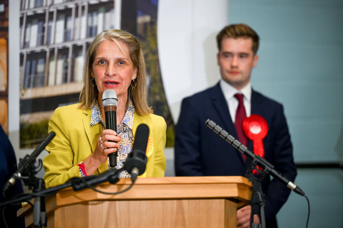Wera Hobhouse, Liberal Democrat candidate for Bath, speaks after winning the seat at the University of Bath campus in Bath, England, on July 5, 2024. (Finnbarr Webster/Getty Images)